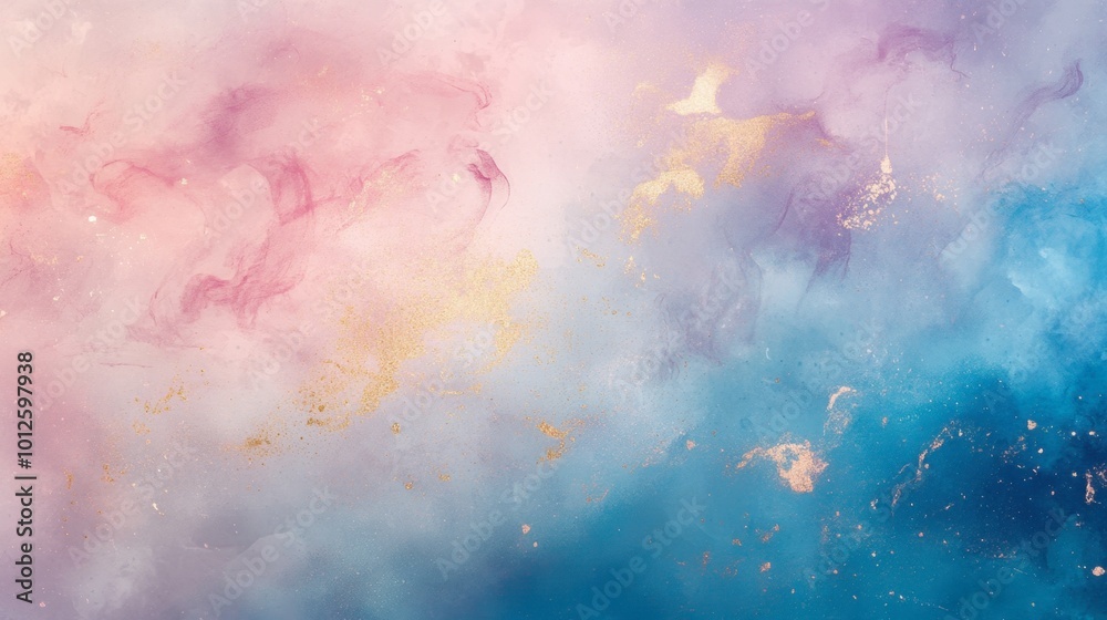 Fototapeta premium Abstract background featuring light, colorful paint textures with splashes of soft pink, sky blue, and subtle gold accents.