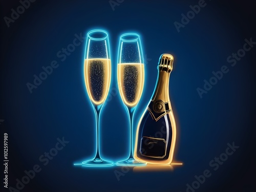 abstract Neon sign of champage and glasses on blue background photo