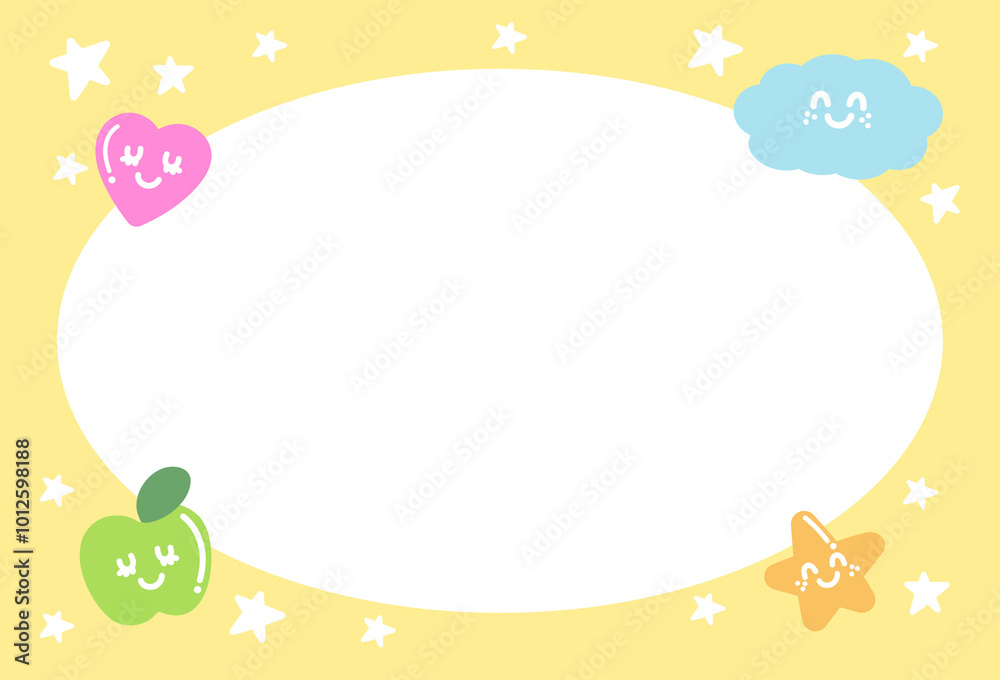 Cute yellow frame with apple, star, heart, cloud for polaroid frame, social media post, poster, post card, rectangle template, book cover, sticky note, banner, name tag, nature, fruit, spring, summer Cute yellow frame with apple, star, heart, cloud for polaroid frame, social media post, poster, post card, rectangle template, book cover, sticky note, banner, name tag, nature, fruit, spring, summer