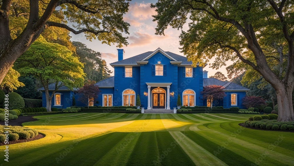 A majestic blue house surrounded by lush gardens, framed by trees, at sunset. A majestic blue house surrounded by lush gardens, framed by trees, at sunset.