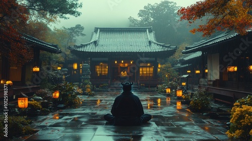 A masked yokai watching over a Japanese tea house at night, the soft glow of lanterns illuminating the scene in a traditional art style  photo