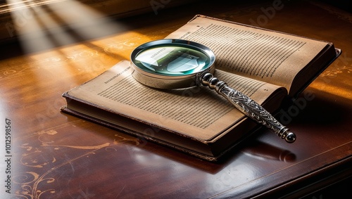 An antique book and decorative magnifying glass bathed in warm light on a wooden desk.