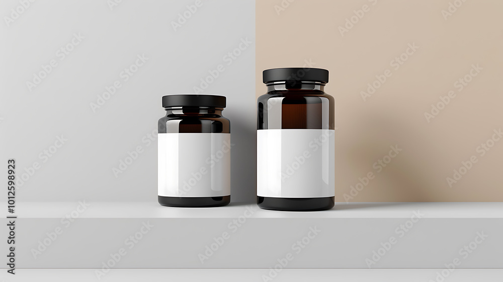 Two amber glass jars with blank white labels sit on a white shelf. The jars are different sizes. Two amber glass jars with blank white labels sit on a white shelf. The jars are different sizes.