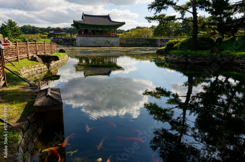 Scenery with traditional Korean palaces and ponds (Donggung Palace and Wolji Pond, Gyeongju) photo