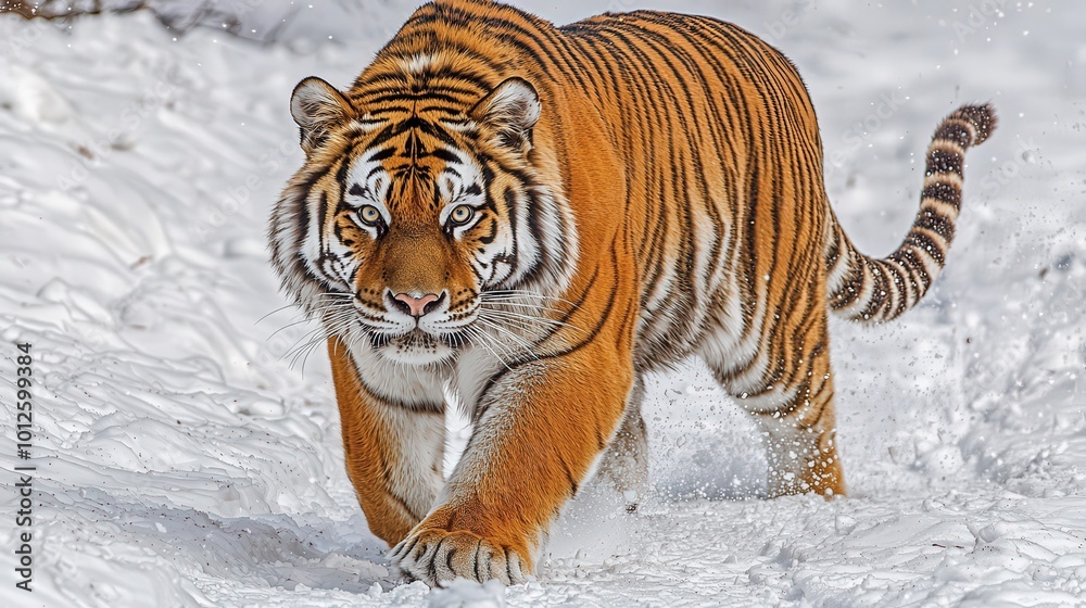 Majestic Tiger Walking Through Snowy Landscape Majestic Tiger Walking Through Snowy Landscape