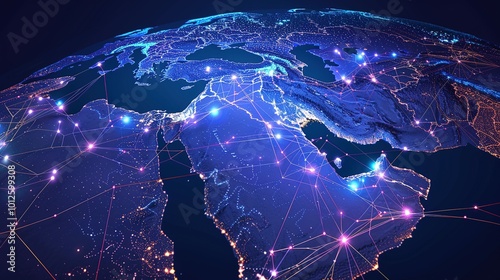 Global Data Transfer Concept: Abstract Network Map of Saudi Arabia Connecting the Middle East and North Africa - Digital Illustration