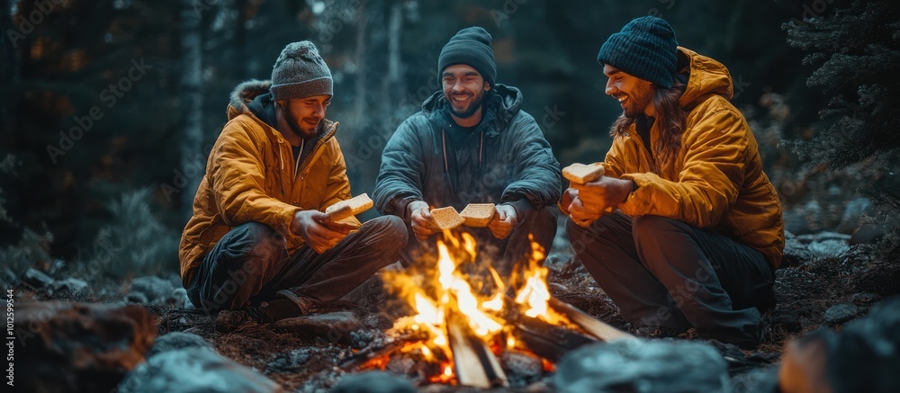 Three friends enjoying a campfire in the woods. Three friends enjoying a campfire in the woods.