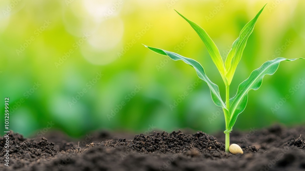 A fresh corn seedling emerges from dark, damp soil, showcasing natures resilience with a single seed in focus. A fresh corn seedling emerges from dark, damp soil, showcasing natures resilience with a single seed in focus.