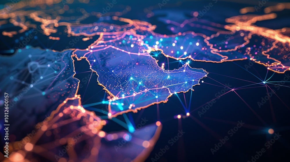 Abstract Network Map Illustrating Saudi Arabia's Connection to the Middle East and North Africa for Global Data Transfer - Digital Artwork
