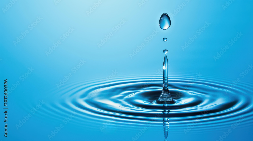 A stunning closeup captures a single water droplet creating ripples, embodying purity against a serene blue backdrop. A stunning closeup captures a single water droplet creating ripples, embodying purity against a serene blue backdrop.