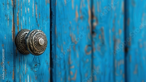 A detailed view of a vintage doorknob on a rustic blue door evokes feelings of nostalgia and timeless charm.