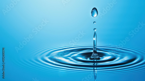 A stunning closeup captures a single water droplet creating ripples, embodying purity against a serene blue backdrop.