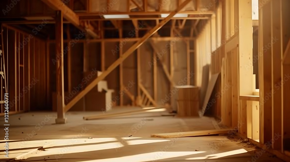 Interior of a new house under construction with wooden beams Interior of a new house under construction with wooden beams