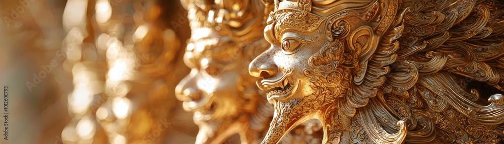 Golden Statues of Mythical Creatures in Close-Up Golden Statues of Mythical Creatures in Close-Up