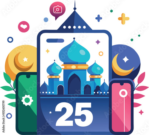 2025 typography letter with stylized muslim mosque, star, moon vector art stock image generated Ai