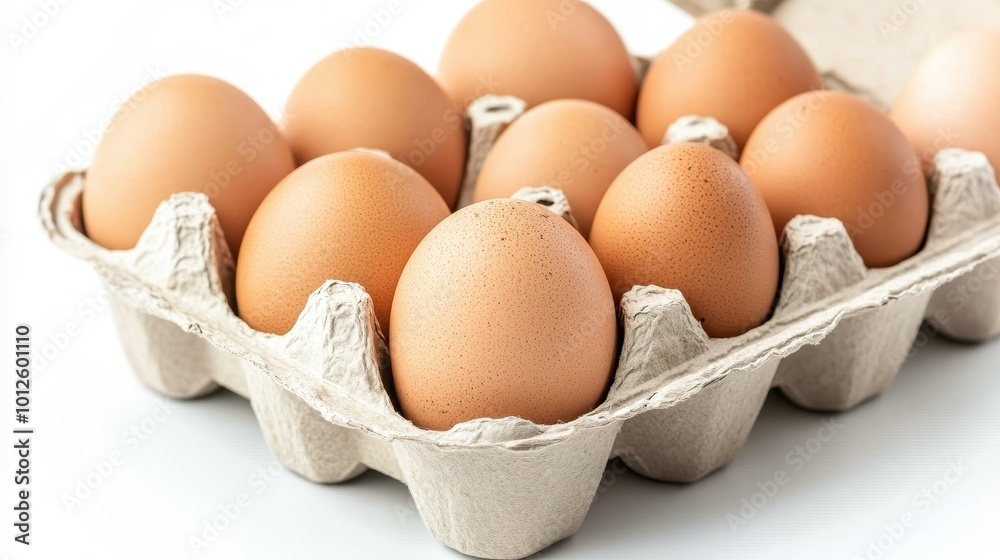Fresh brown eggs in a cardboard carton on white background Fresh brown eggs in a cardboard carton on white background