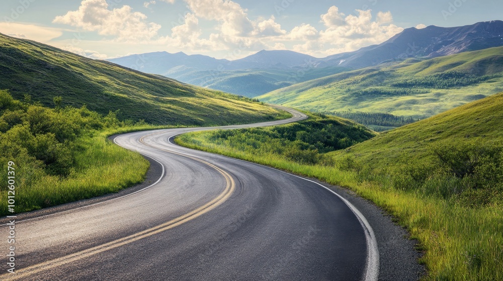 An asphalt road curving through green mountain terrain, under a clear sky with gentle, scattered clouds on a sunny day. An asphalt road curving through green mountain terrain, under a clear sky with gentle, scattered clouds on a sunny day.
