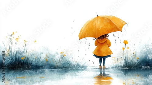 A minimal cartoon of a child twirling with an umbrella in the rain, soft watercolor strokes on a clean white background 