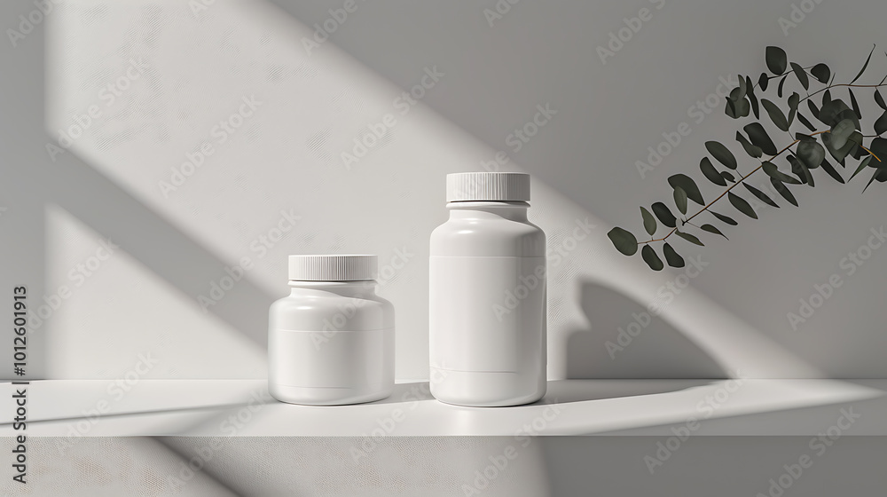 Two white pill bottles with blank labels sit on a white shelf with a sprig of green leaves. Two white pill bottles with blank labels sit on a white shelf with a sprig of green leaves.