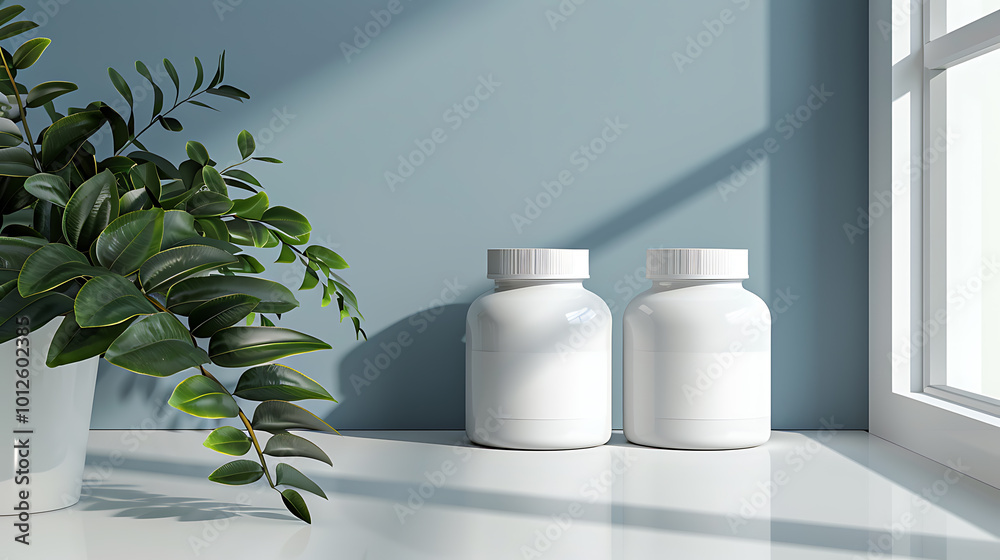 Two white supplement bottles on a countertop with a plant and window in the background. Two white supplement bottles on a countertop with a plant and window in the background.