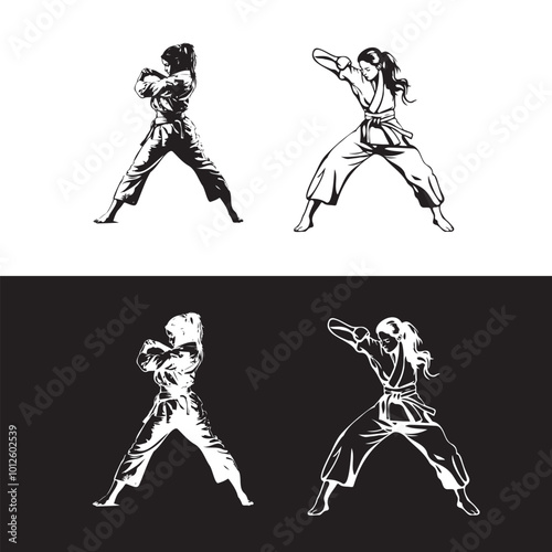 Female Martial Artist Silhouette in Jiu-Jitsu Pose Vector Illustration