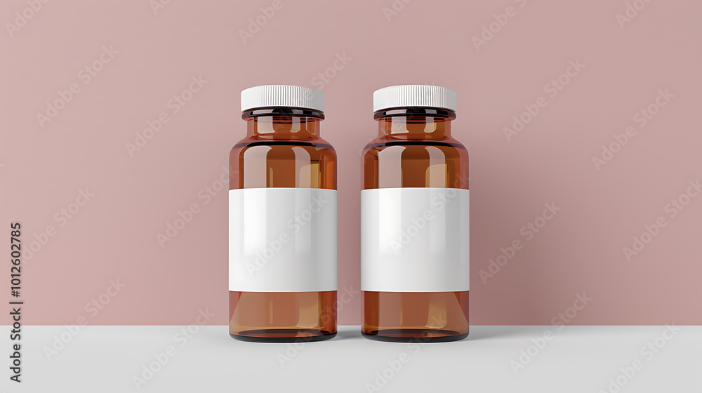 Two amber glass bottles with white labels and lids on a white surface against a pale pink background. Two amber glass bottles with white labels and lids on a white surface against a pale pink background.