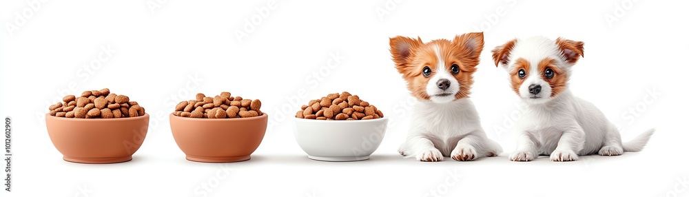 Two adorable puppies sitting beside bowls of dog food, showcasing playful and friendly companionship in a vibrant setting. Two adorable puppies sitting beside bowls of dog food, showcasing playful and friendly companionship in a vibrant setting.