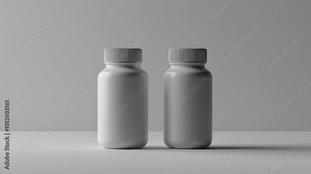 Two white pill bottles with lids on a white surface with a white background. Two white pill bottles with lids on a white surface with a white background.