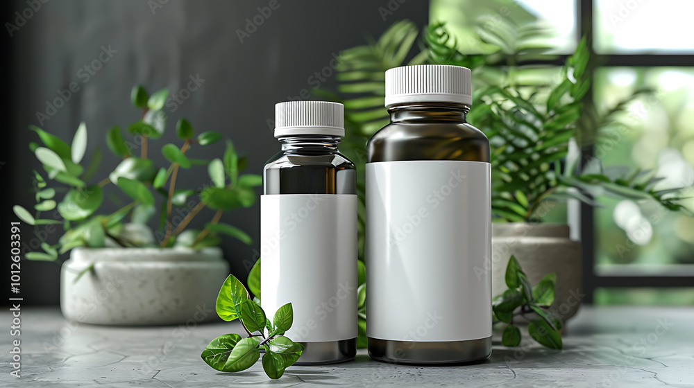 Two amber glass bottles with white labels, one taller than the other, are surrounded by leafy plants on a grey surface.