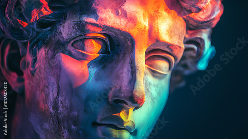 Contemporary colored lighting on classical sculpture head, blending ancient art with modern aesthetics. Neoclassical Art. Illustration