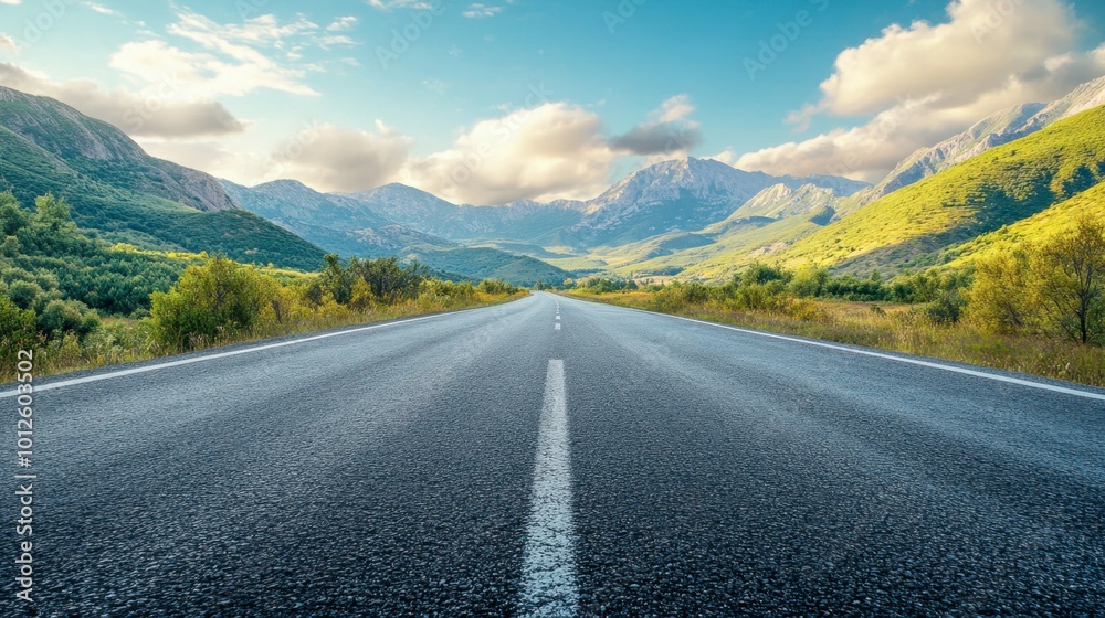 An asphalt road with a backdrop of green mountains and blue sky, under the warm sunlight of a clear, cloud-speckled day. An asphalt road with a backdrop of green mountains and blue sky, under the warm sunlight of a clear, cloud-speckled day.