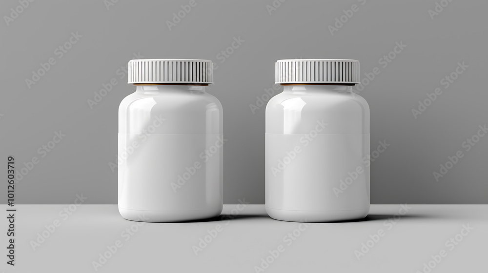 Two white pill bottles with lids sit on a gray surface. Two white pill bottles with lids sit on a gray surface.