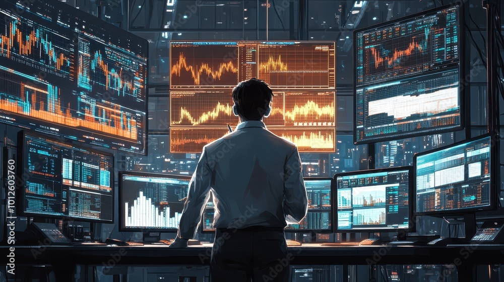 AI generated illustration front view male trader doing analysis and trading behind multiple screens showing charts and statistics AI generated illustration front view male trader doing analysis and trading behind multiple screens showing charts and statistics