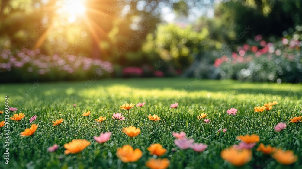 Beautiful spring garden. The green lawn emphasizes the blooming flowers in the garden. Beautiful spring garden. The green lawn emphasizes the blooming flowers in the garden.