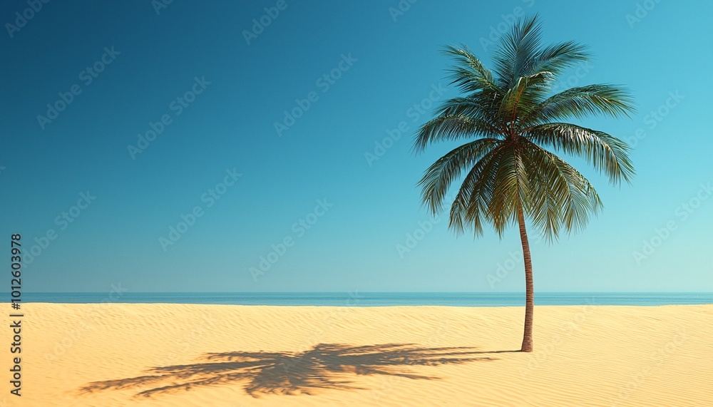 Majestic Palm Tree Silhouetted Against Clear Blue Sky on Golden Sandy Beach in Tropical Paradise Majestic Palm Tree Silhouetted Against Clear Blue Sky on Golden Sandy Beach in Tropical Paradise