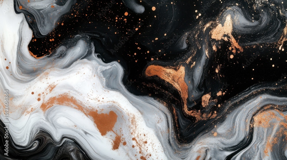 Fluid art with elegant swirls of white, black, and rose gold, creating a sophisticated and luxurious abstract design. Fluid art with elegant swirls of white, black, and rose gold, creating a sophisticated and luxurious abstract design.