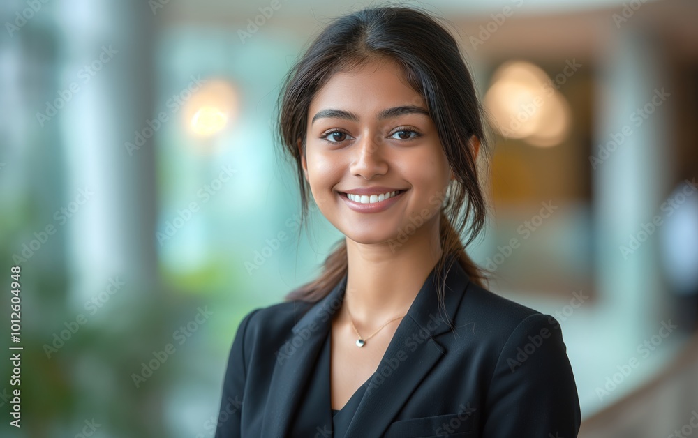 Portrait of a smiling, beautiful young Indian business woman in a suit with an blurred office background. Portrait of a smiling, beautiful young Indian business woman in a suit with an blurred office background.