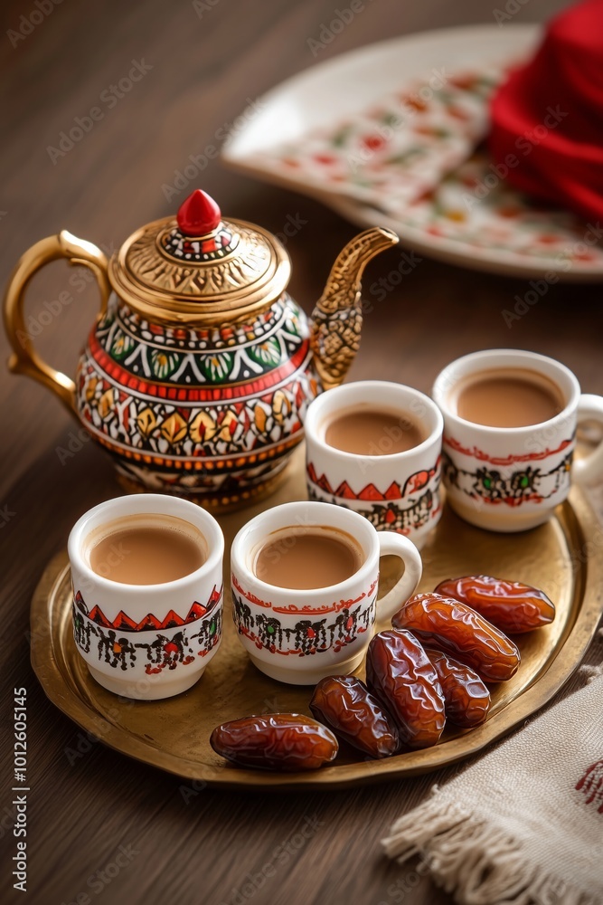 Intricately decorated teapot with four matching cups of traditional tea served alongside dates on golden tray. Cultural elegance concept Intricately decorated teapot with four matching cups of traditional tea served alongside dates on golden tray. Cultural elegance concept