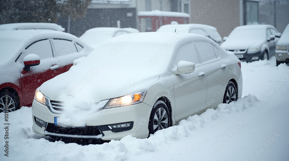 Cars buried under thick layer of snow in city parking area Cars buried under thick layer of snow in city parking area