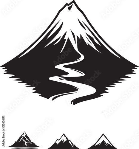 Simple Mountain Peak Logo with River Reflection in Black and White