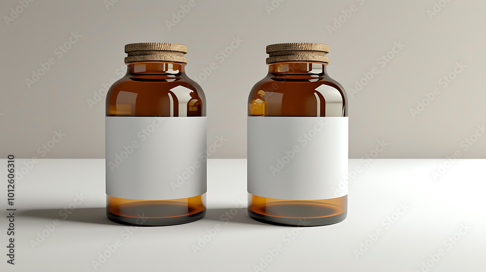 Two amber glass bottles with cork lids and blank white labels, perfect for your product packaging designs. Two amber glass bottles with cork lids and blank white labels, perfect for your product packaging designs.
