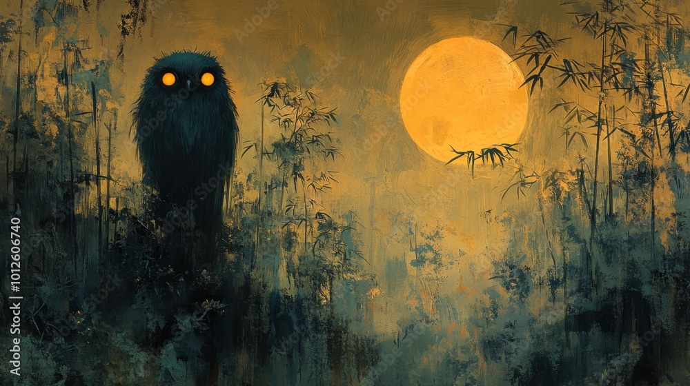 custom made wallpaper toronto digitalA mysterious yokai creeping out of the shadows in a bamboo forest under the moonlight, captured in the vibrant colors of traditional Japanese art 
