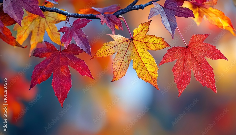 Vibrant Autumn Leaves Falling from Branch in Soft Focus Background - Nostalgic Fall Scene with Colorful Foliage, Medium Shot Photo Vibrant Autumn Leaves Falling from Branch in Soft Focus Background - Nostalgic Fall Scene with Colorful Foliage, Medium Shot Photo