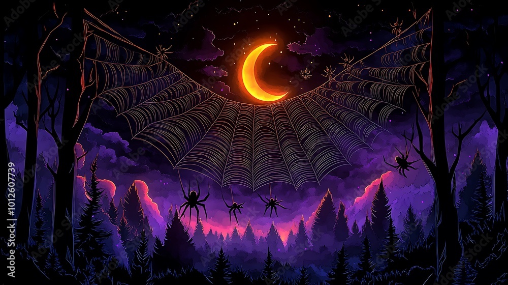 Fototapeta premium A large spider web stretching across a dark forest, paper-cut style, spiders hanging down from the web, crescent moon glowing in the background, fog drifting through the trees,