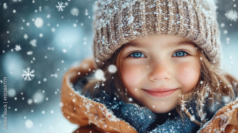 Cute child with happy face wearing a warm hat and warm jacket surrounded with snowflakes. Winter holidays concept.