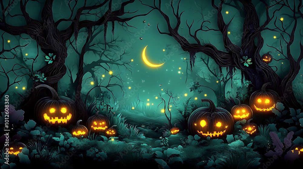 A magical forest filled with glowing pumpkins and bioluminescent mushrooms, paper-cut style, eerie trees with twisted branches, glowing fireflies drifting through the scene, A magical forest filled with glowing pumpkins and bioluminescent mushrooms, paper-cut style, eerie trees with twisted branches, glowing fireflies drifting through the scene,