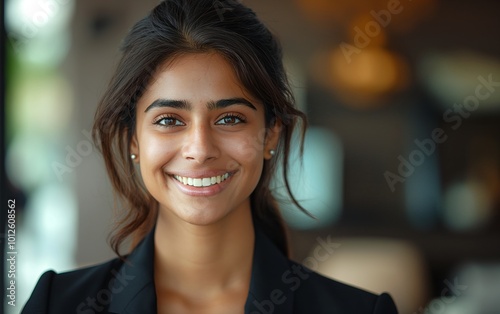 Portrait of a smiling, beautiful young Indian business woman in a suit with an blurred office background.