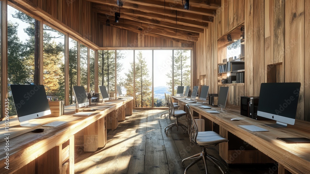 A cozy wooden office coworking space with neatly arranged PC monitors. The panoramic window provides a scenic backdrop, promoting an uplifting atmosphere for teamwork and innovation A cozy wooden office coworking space with neatly arranged PC monitors. The panoramic window provides a scenic backdrop, promoting an uplifting atmosphere for teamwork and innovation
