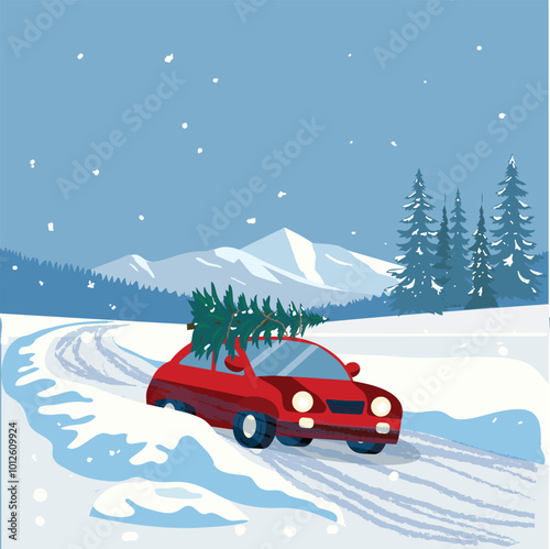 A red car is driving on the snow, carrying a Christmas tree, against a blue background, with a blue sky and snowy mountains in the distance and a pine forest nearby. The design is in a flat style with