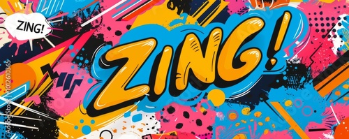 Playful pop art background featuring "ZING!" Dynamic visuals, Bold patterns, Colorful vector